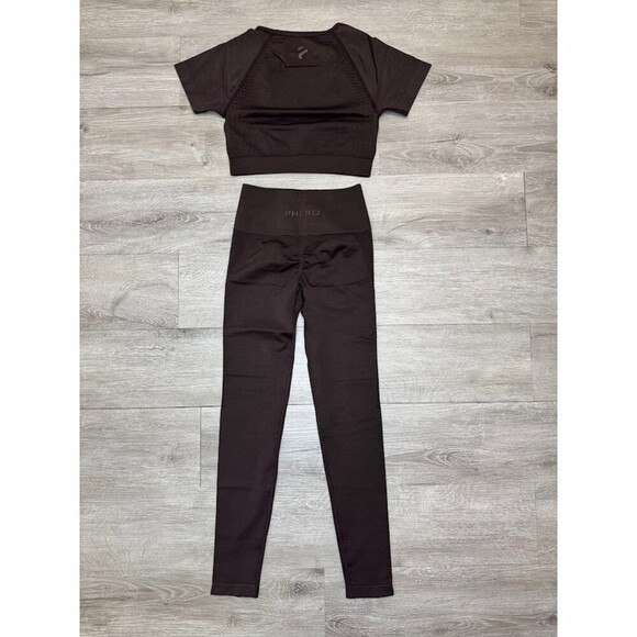 PHERO MOVEMENT Pants - Women's Seamless Workout Set Brown Short Sleeve Crop Top High Waist Leggings